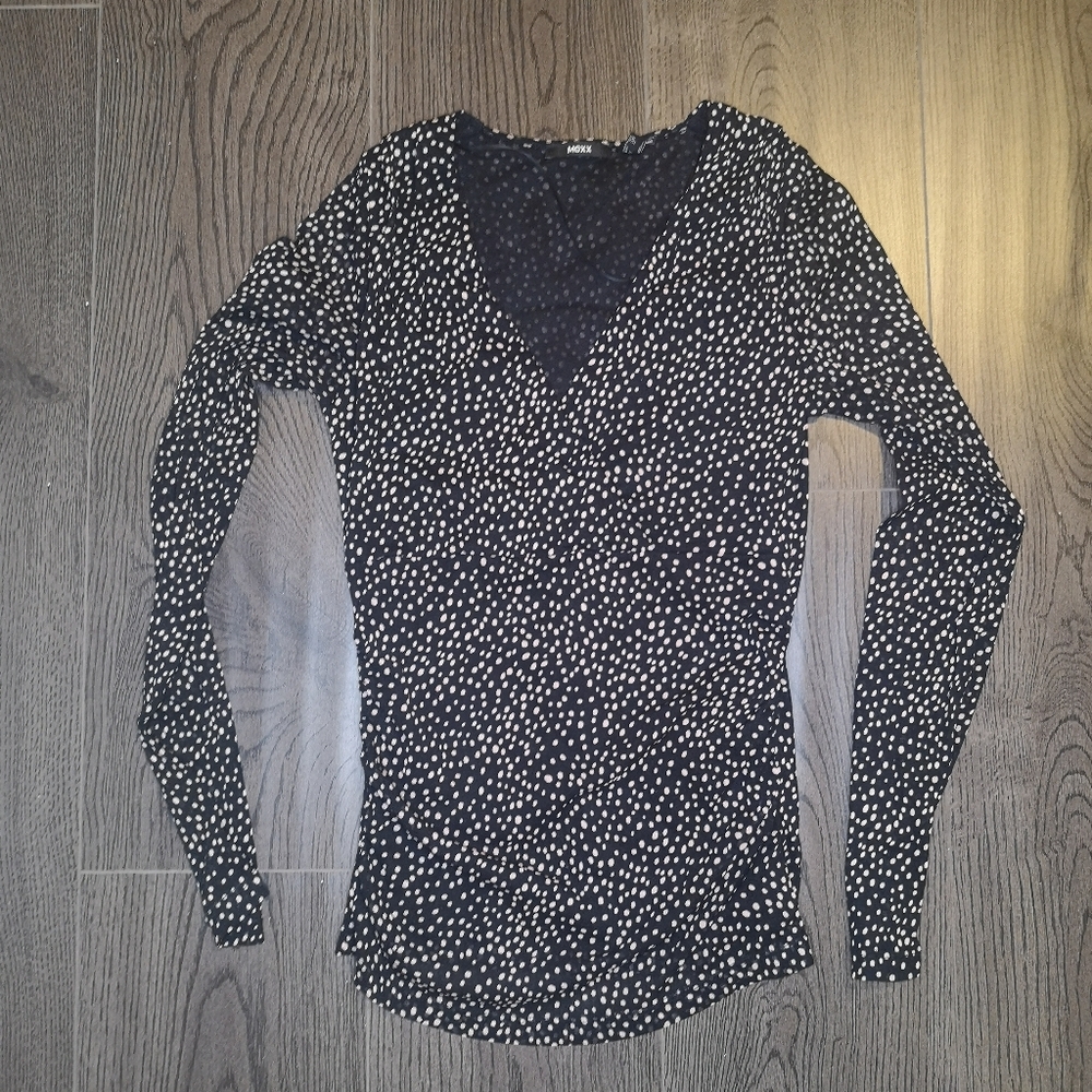 MEXX Black Polka Dot Slim Blouse Y Neck Long Sleeve Shirred Waist Inner Lining S